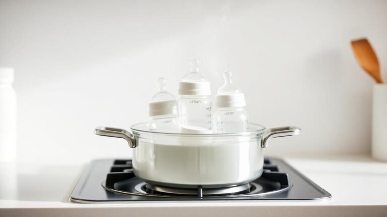 Baby bottles being sterilized in boiling water on a stovetop