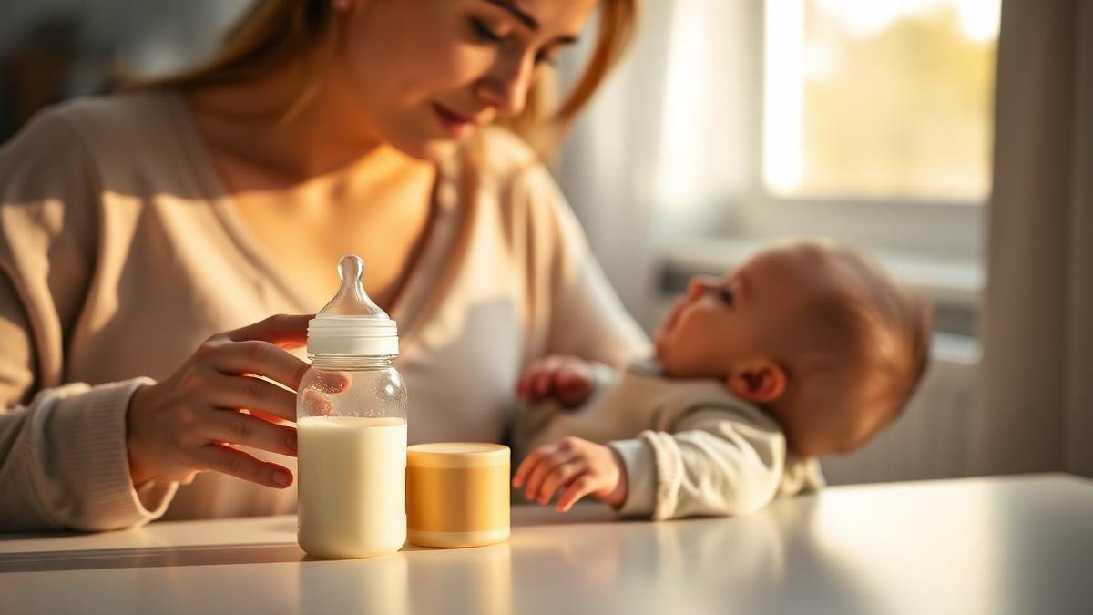 Mother breastfeeding a baby beside a bottle of formula