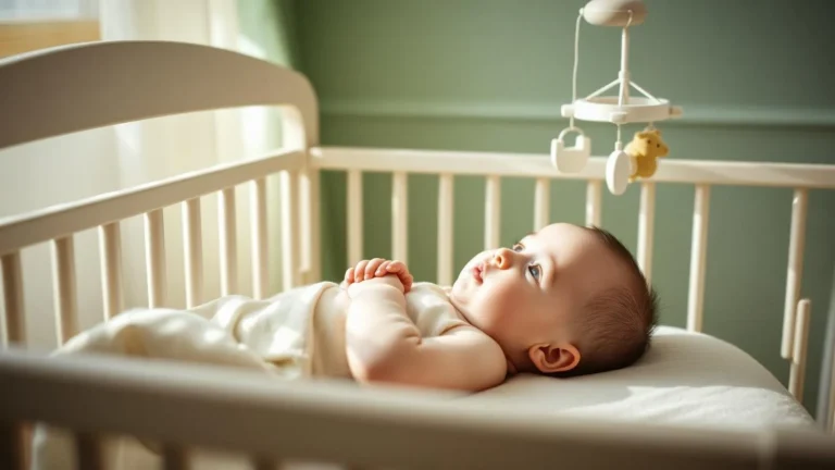 Alert four-month-old baby lying awake in a crib watching a mobile