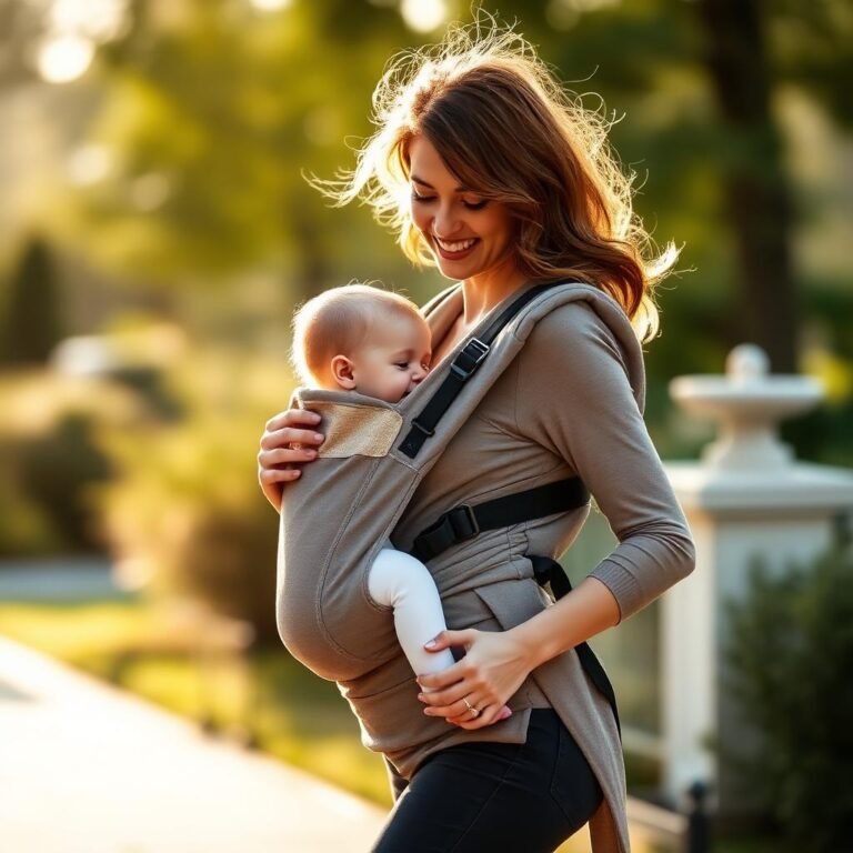 Mother wearing baby in soft structured carrier outdoors