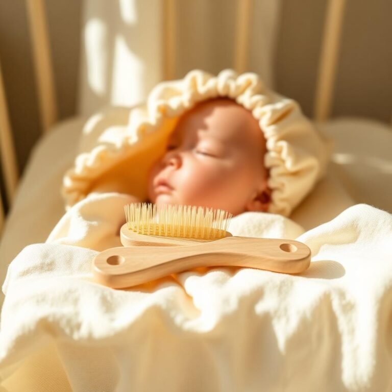 Yellow, flaky cradle cap scales on a baby's scalp being gently brushed