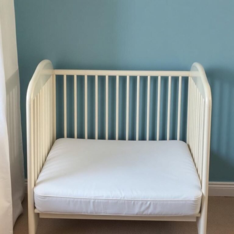 Safe sleep setup with baby on back in a bare crib with firm mattress and fitted sheet