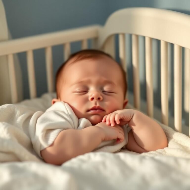 Overtired 4-month-old baby lying awake in a crib during the 4-month sleep regression