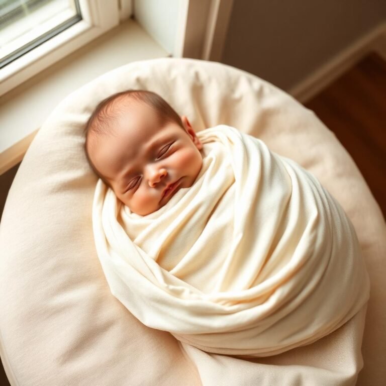 Newborn swaddled snugly in a blanket with hips in a safe, flexed position