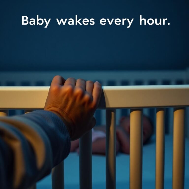Tired parent comforting a baby waking frequently at night in a dimly lit nursery