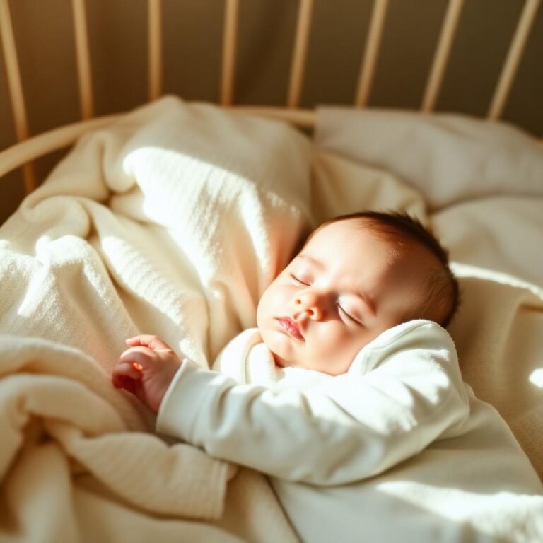 Peaceful baby sleeping safely on back in a crib with a fitted sheet and no loose bedding