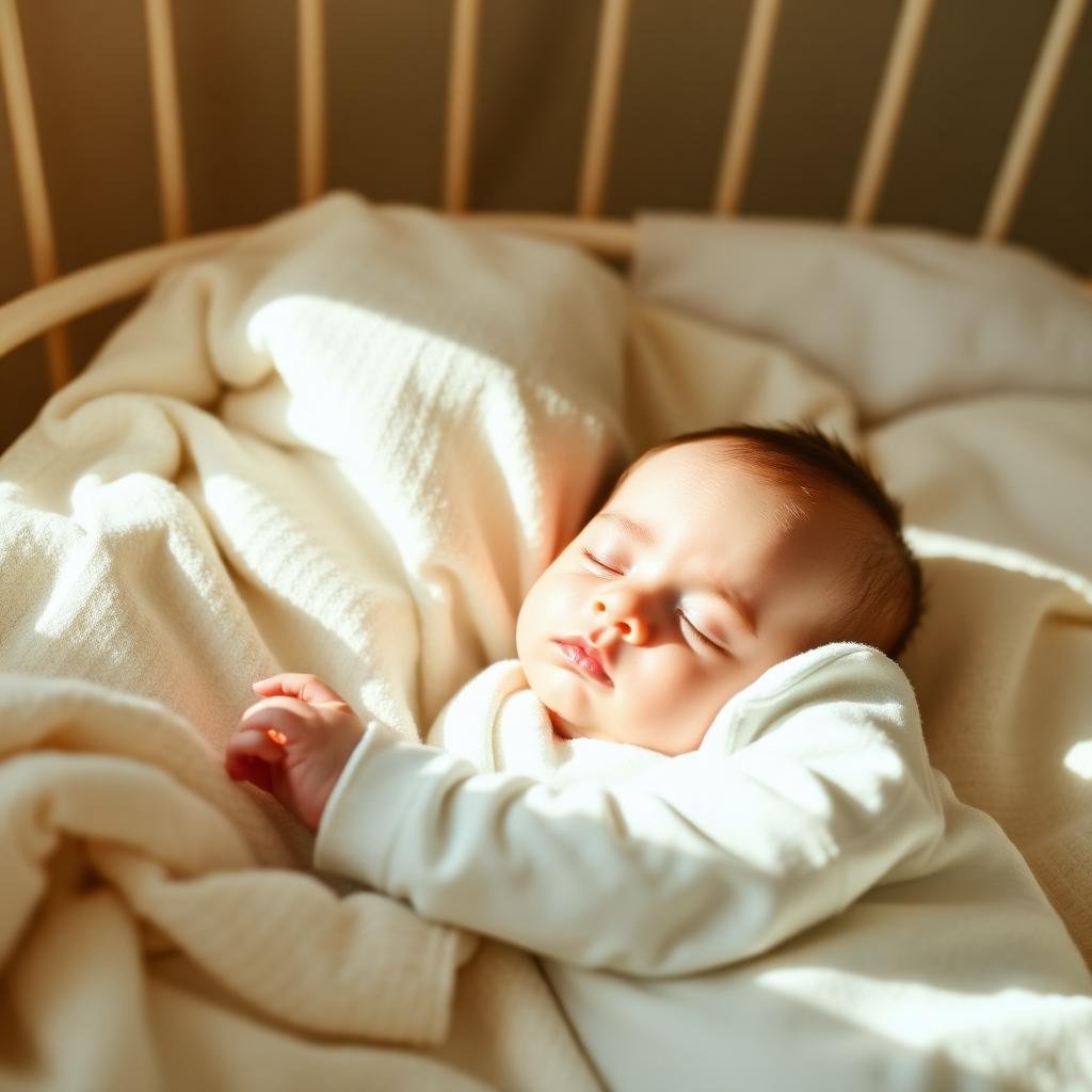 Peaceful baby sleeping safely on back in a crib with a fitted sheet and no loose bedding
