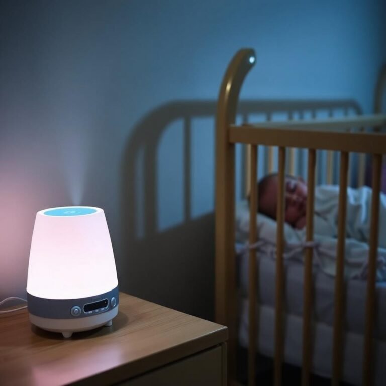 White noise sound machine on nightstand next to baby crib