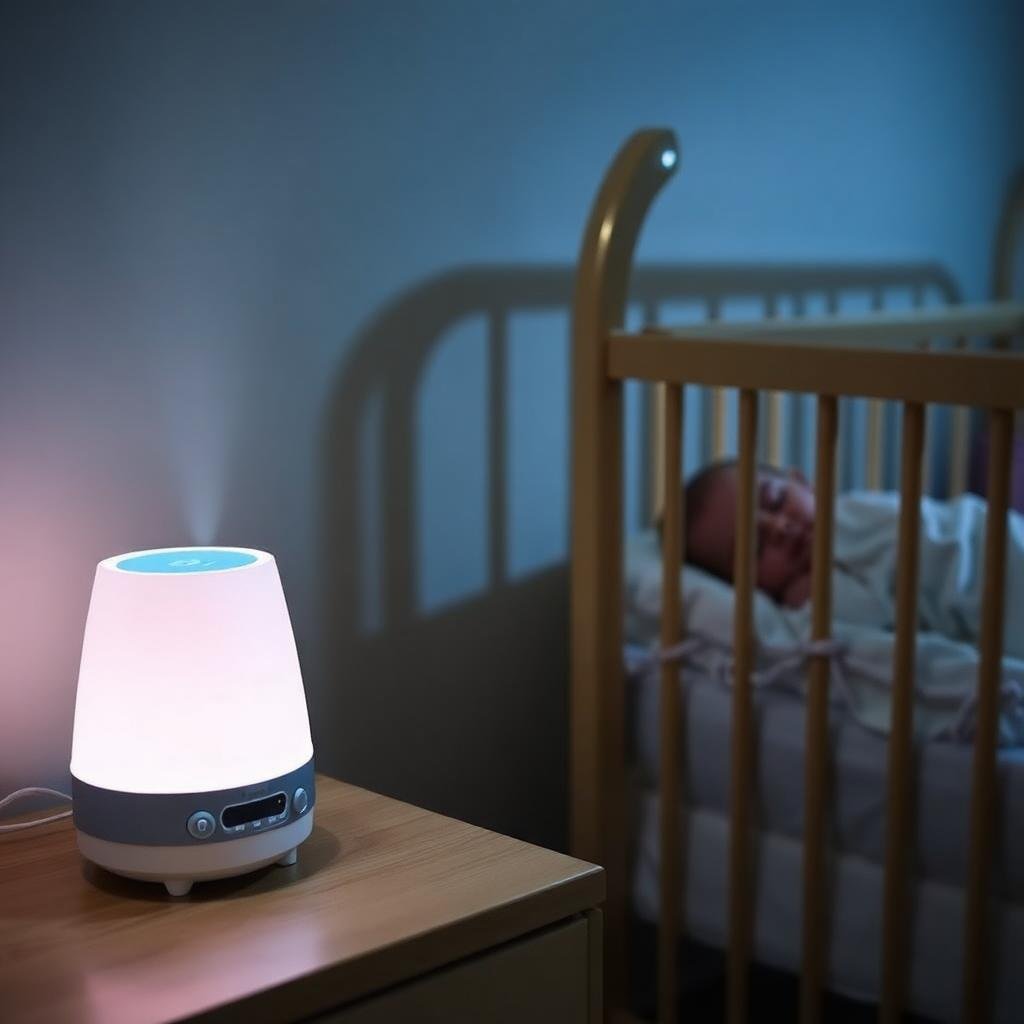 White noise sound machine on nightstand next to baby crib