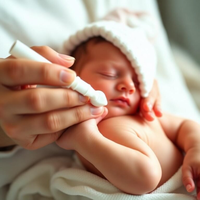 Parent applying moisturizer to newborn baby skin