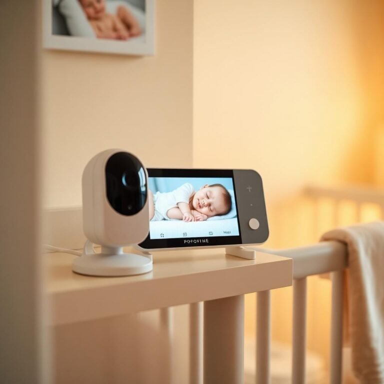 Video baby monitor showing sleeping baby in nursery