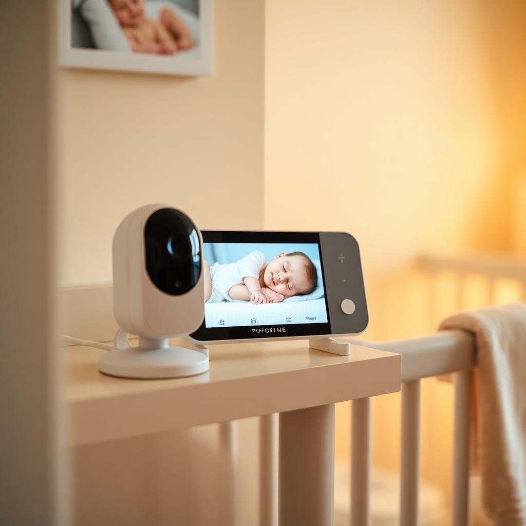 Video baby monitor showing sleeping baby in nursery