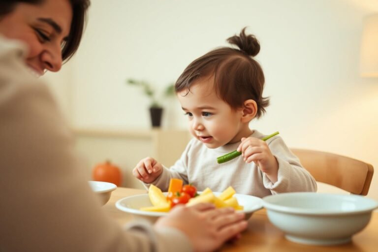 Toddler in a high chair happily trying new colorful foods from a divided plate