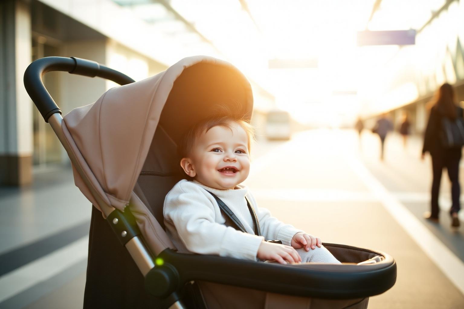 Modern travel stroller folded beside an everyday stroller in a sunlit park path