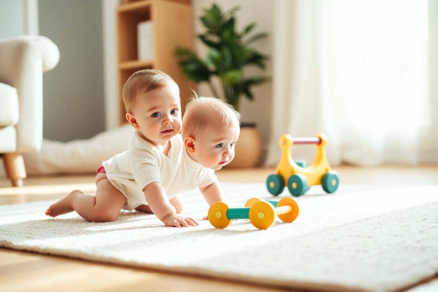 Baby crawling and pulling to stand using a safe wooden push toy instead of a walker