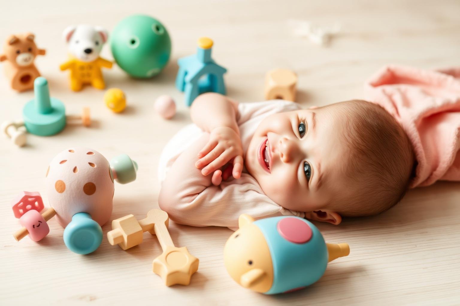 Newborn baby reaching for a high-contrast black and white sensory toy on a play mat