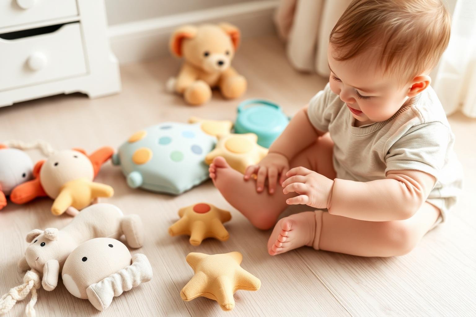 Baby aged six to twelve months playing with wooden developmental toys on a soft play mat