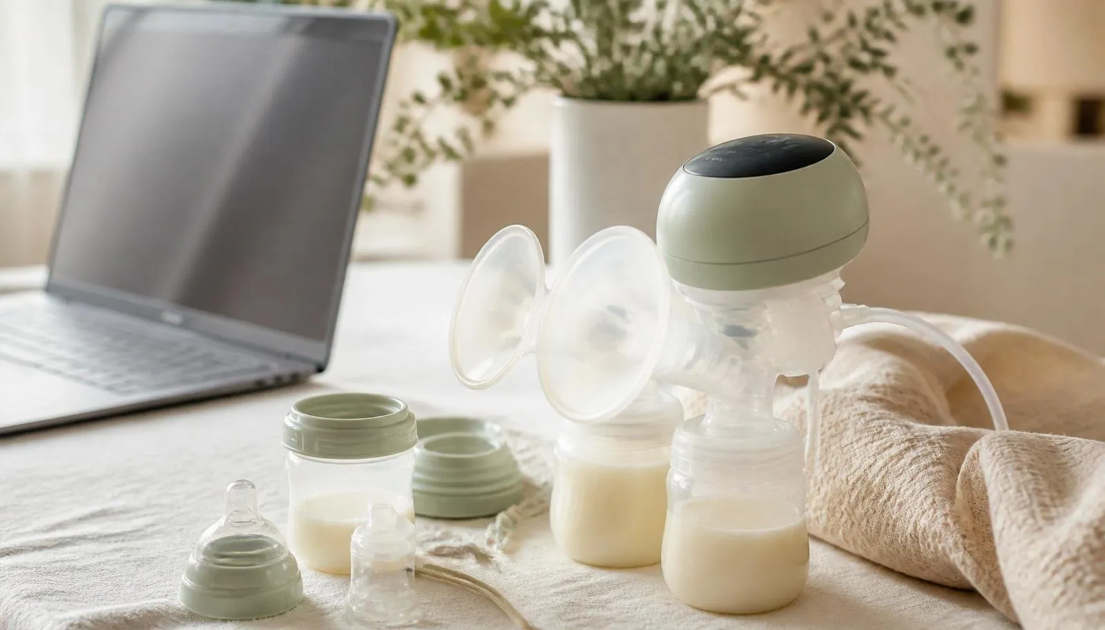 Modern wearable electric breast pump with bottles on a soft cream surface