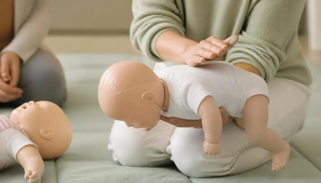 Adult hands demonstrating infant back-blow position on a training manikin