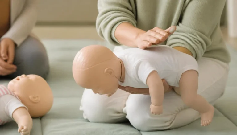 Adult hands demonstrating infant back-blow position on a training manikin