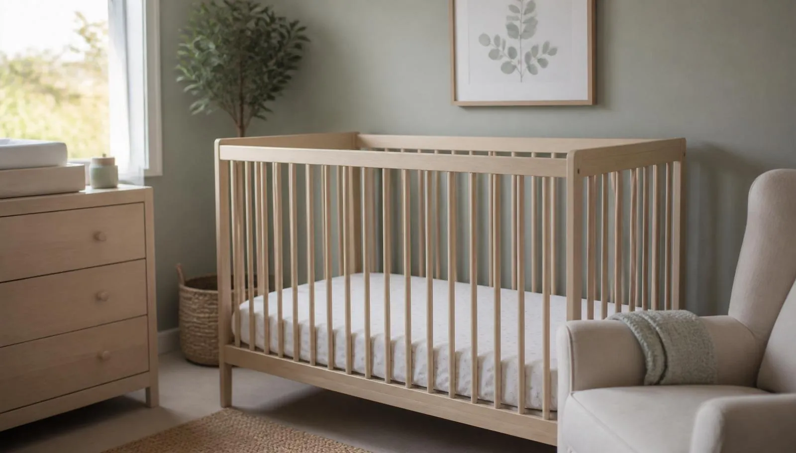 Safe modern newborn crib with fitted sheet only in a bright sage nursery