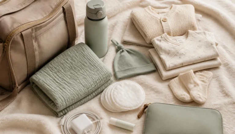 Neatly arranged hospital labor bag essentials on a cream blanket