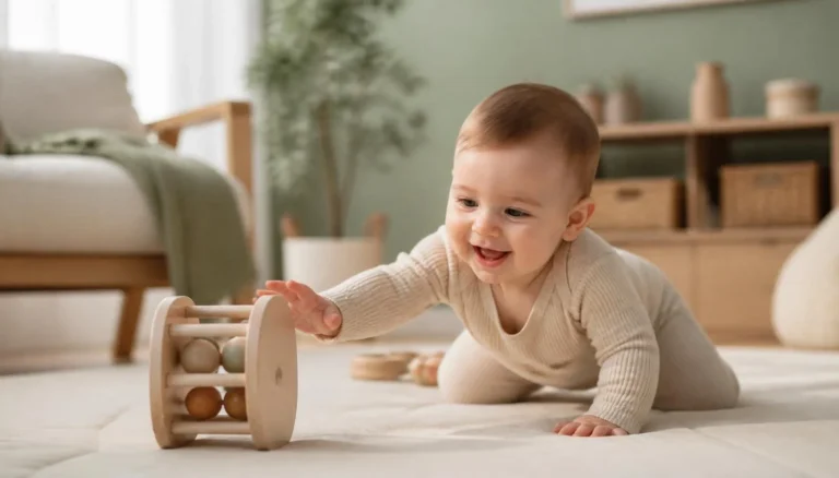 Happy baby on a play mat reaching for a wooden developmental toy