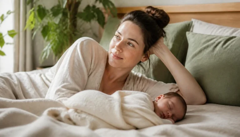 Postpartum mother resting on a soft bed with her newborn nearby