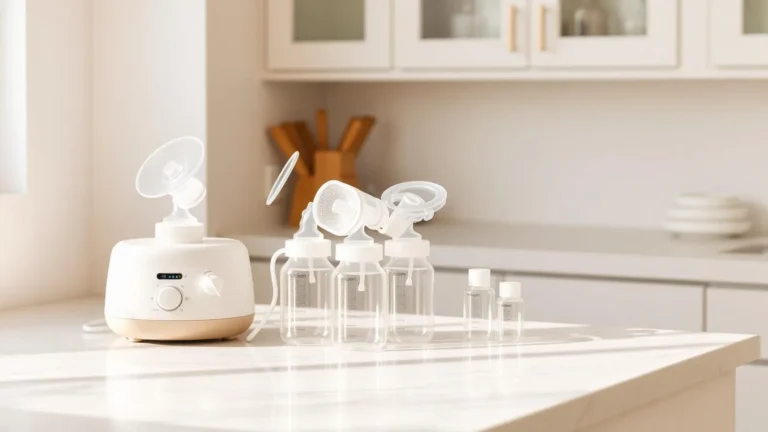 Double electric breast pump with collection bottles set up on a marble counter