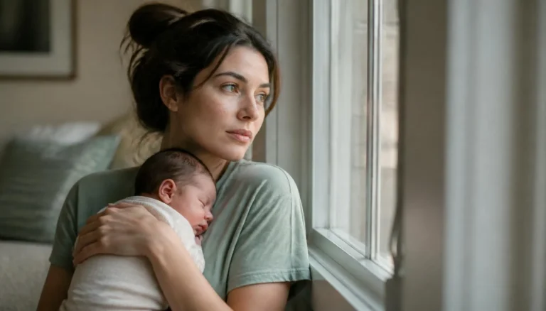 Thoughtful mother holding her newborn near a sunlit window
