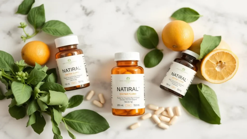 Prenatal vitamin bottles with leafy greens and folate-rich foods in a flat lay