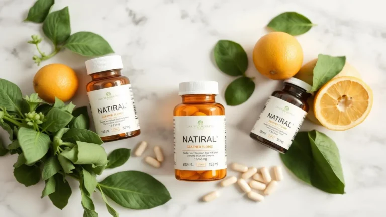 Prenatal vitamin bottles with leafy greens and folate-rich foods in a flat lay