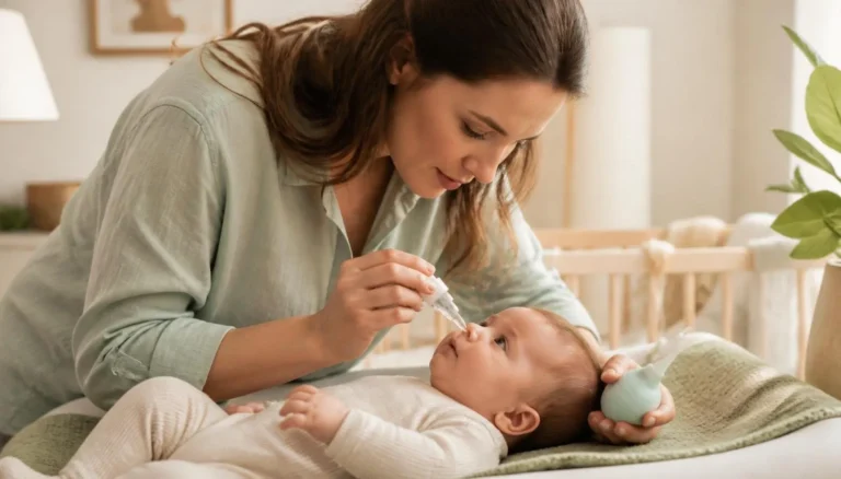 Parent using saline drops and bulb syringe to clear a baby's congested nose
