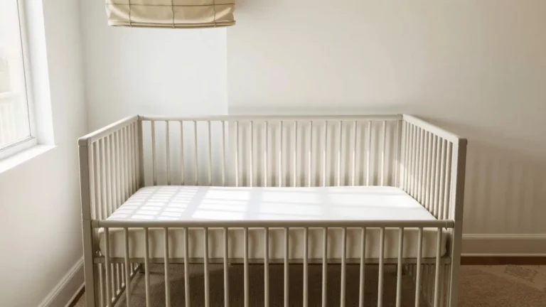 Bare crib with a firm mattress and fitted sheet, no positioners or pillows