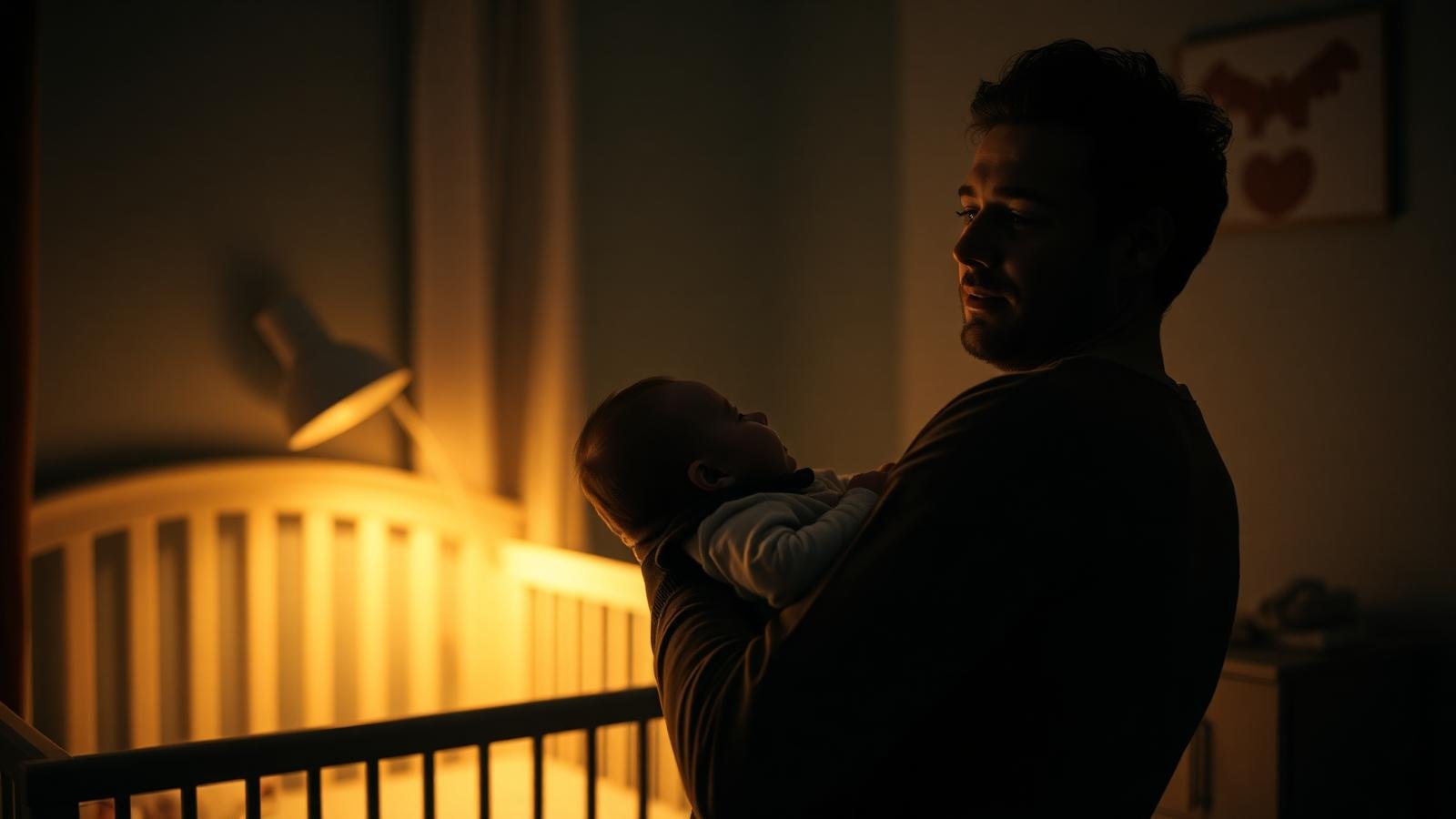 Tired parent gently comforting a wide-awake baby during a nighttime sleep regression