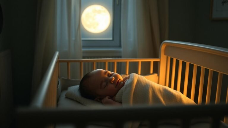 Newborn sleeping peacefully in a nursery crib under soft moonlight