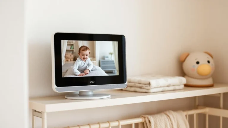Modern video baby monitor displaying a toddler's room on a nursery shelf