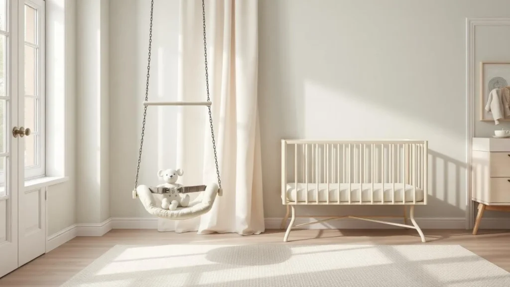 Empty baby swing beside a bare safety-approved crib illustrating safe sleep guidance