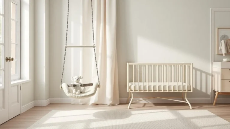 Empty baby swing beside a bare safety-approved crib illustrating safe sleep guidance