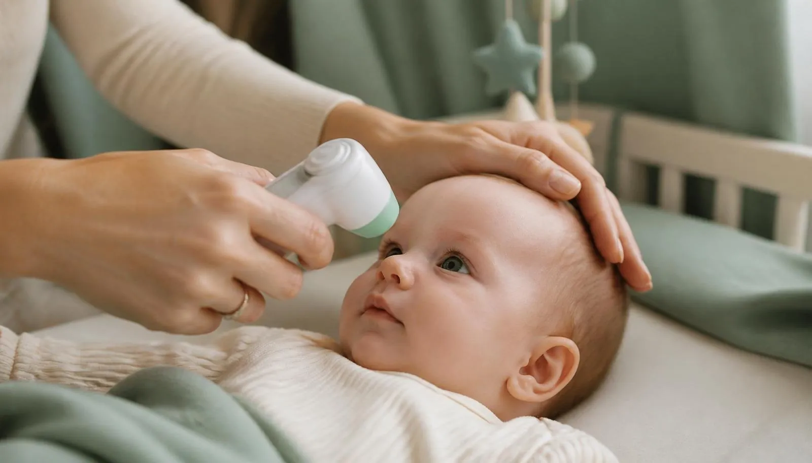 Parent gently taking baby temperature with a digital forehead thermometer