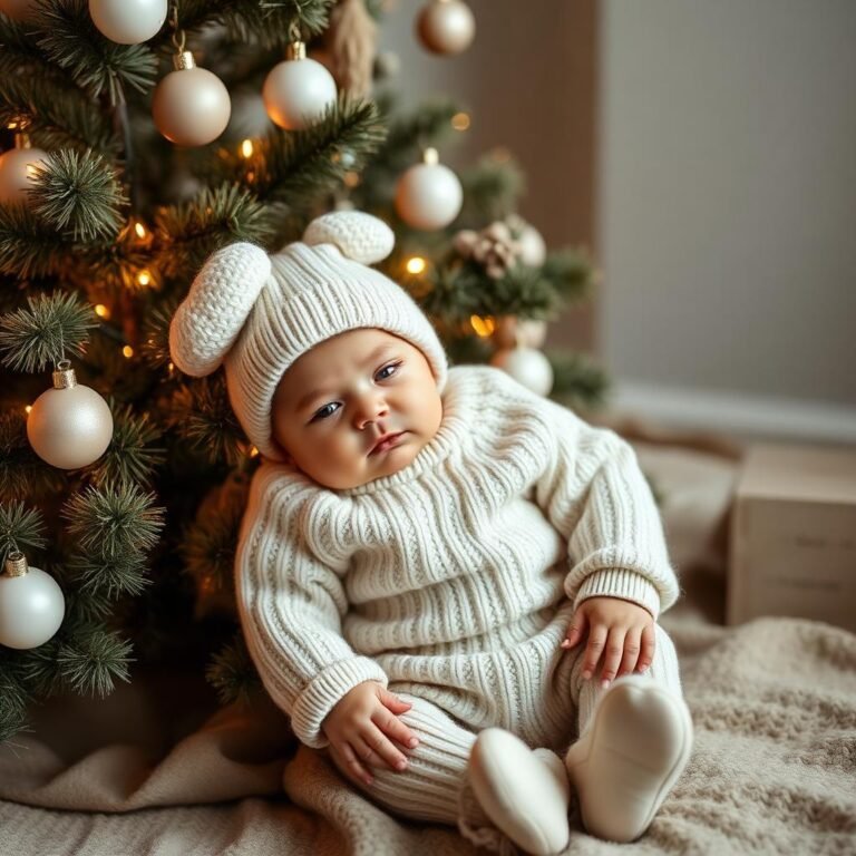 Newborn in cream knit outfit by a cozy holiday tree — safe holiday tips