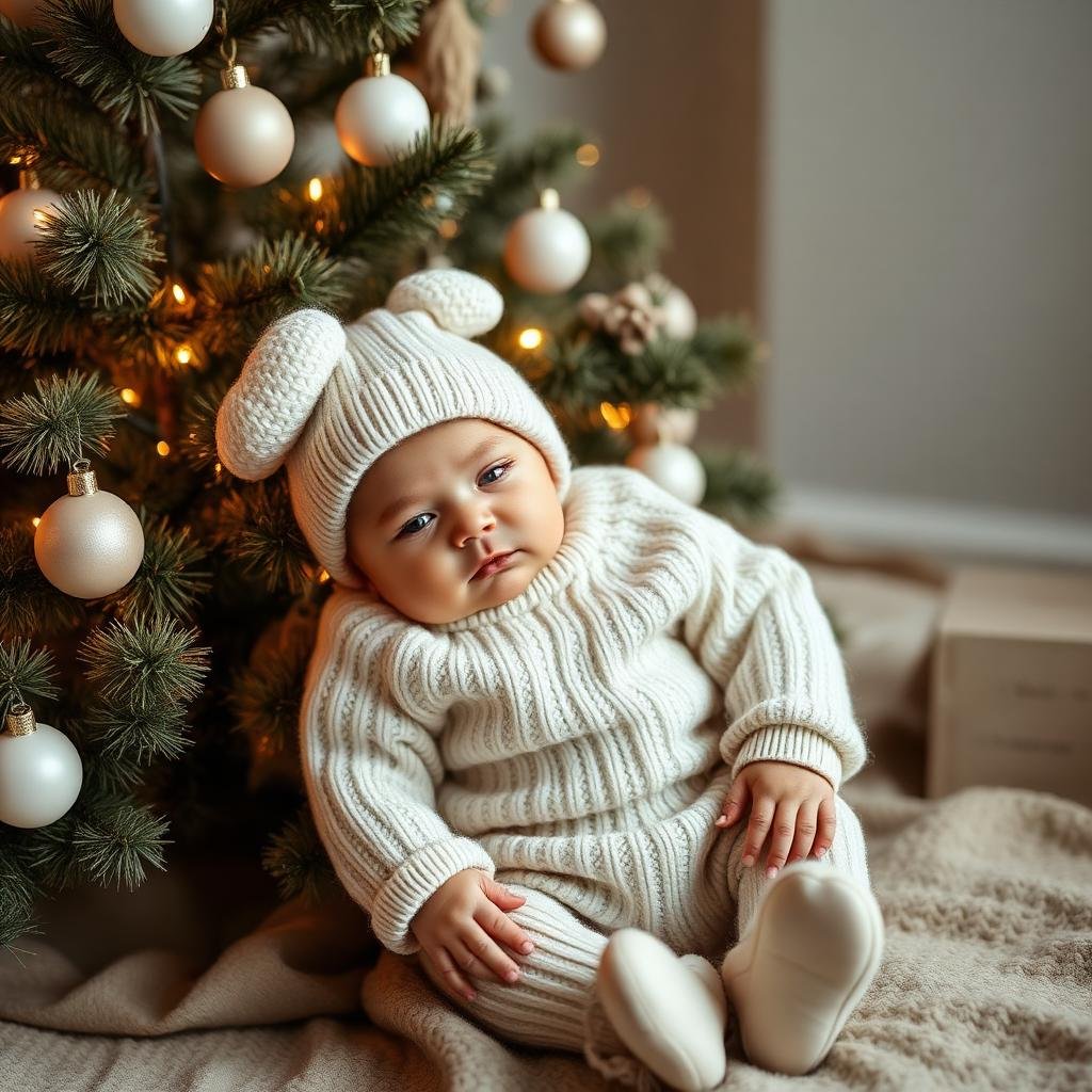 Newborn in cream knit outfit by a cozy holiday tree — safe holiday tips