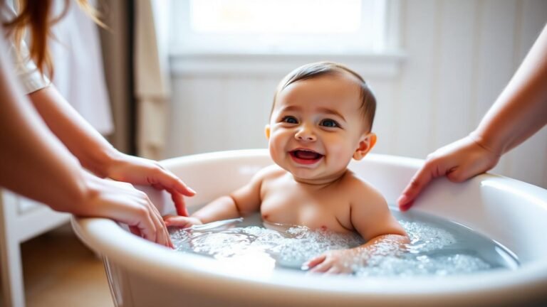 How often to bathe a baby: a happy baby smiling in a small bathtub while a parent gently supports them during bath time