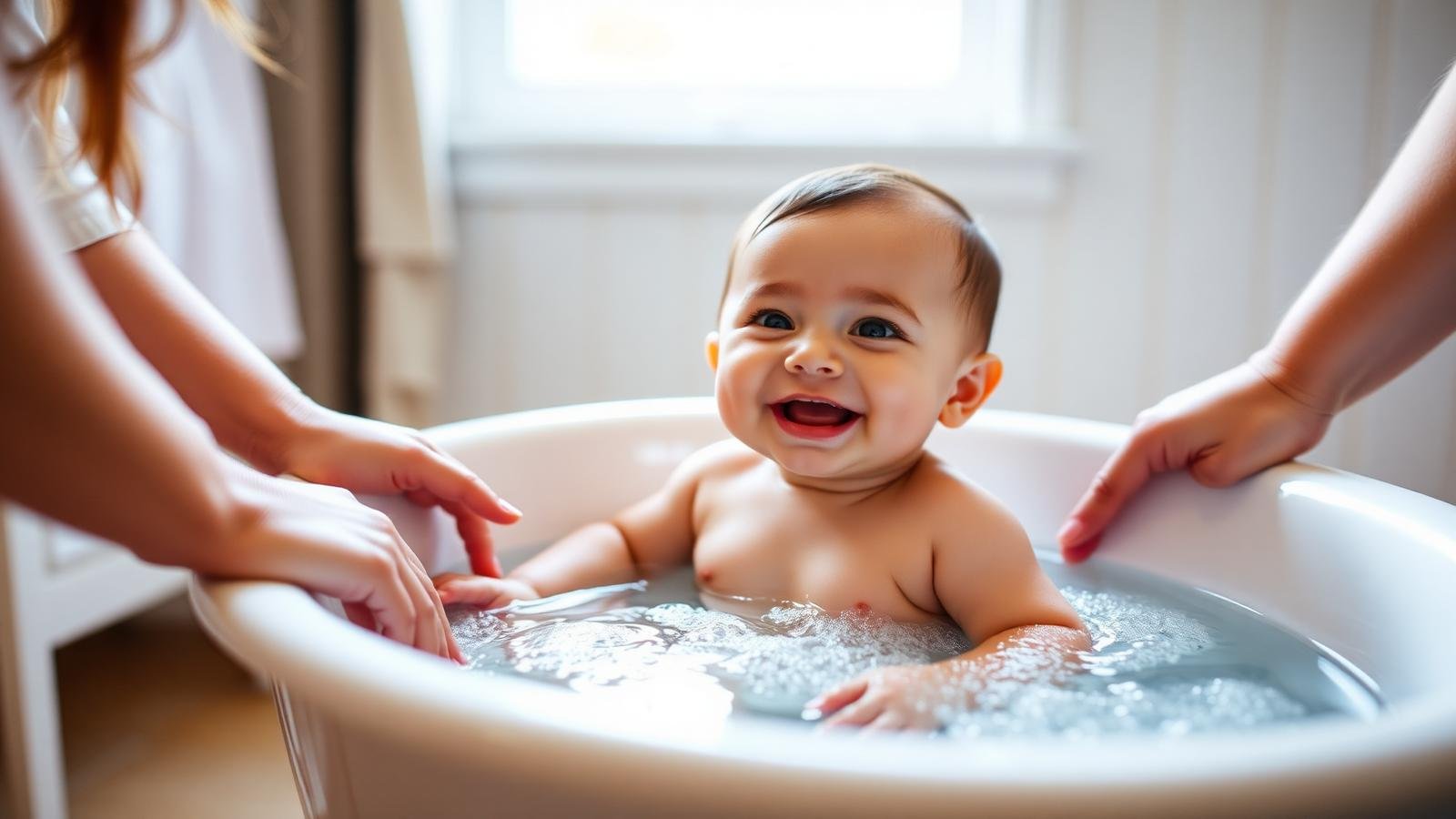 How often to bathe a baby: a happy baby smiling in a small bathtub while a parent gently supports them during bath time