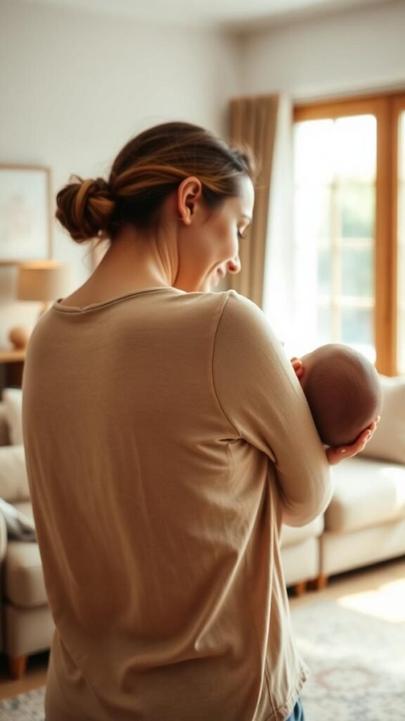 How to burp a baby: a parent gently patting a baby's back over the shoulder in a warm living room