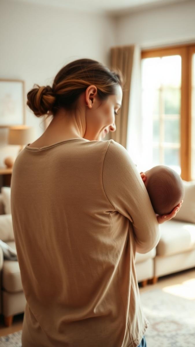 How to burp a baby: a parent gently patting a baby's back over the shoulder in a warm living room