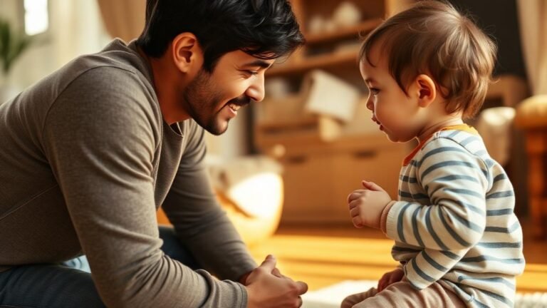 How to encourage your toddler to talk: a parent kneeling and talking face to face with a toddler