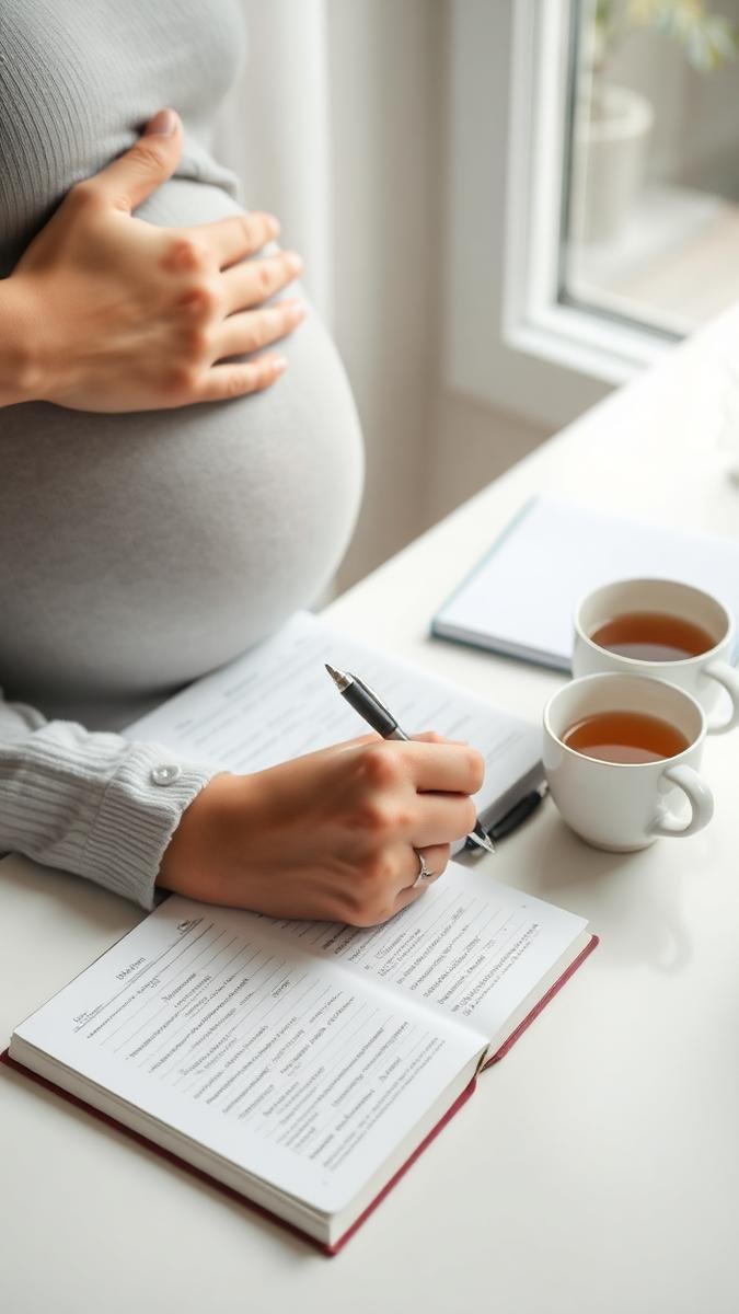 Expectant parent writing a birth plan in a notebook