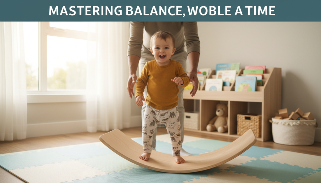 Toddler using a balance board safely
