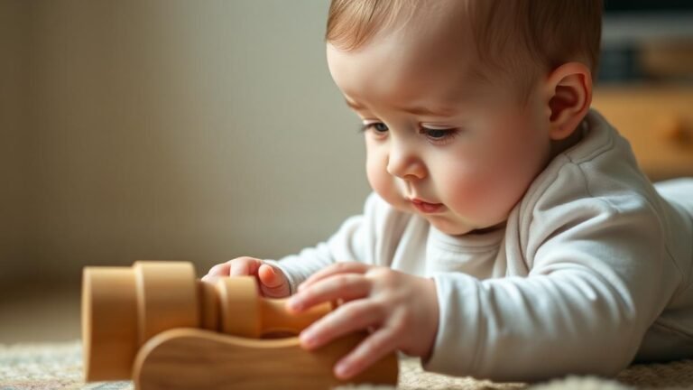 Infant cognitive development: an alert baby exploring a wooden toy with curiosity